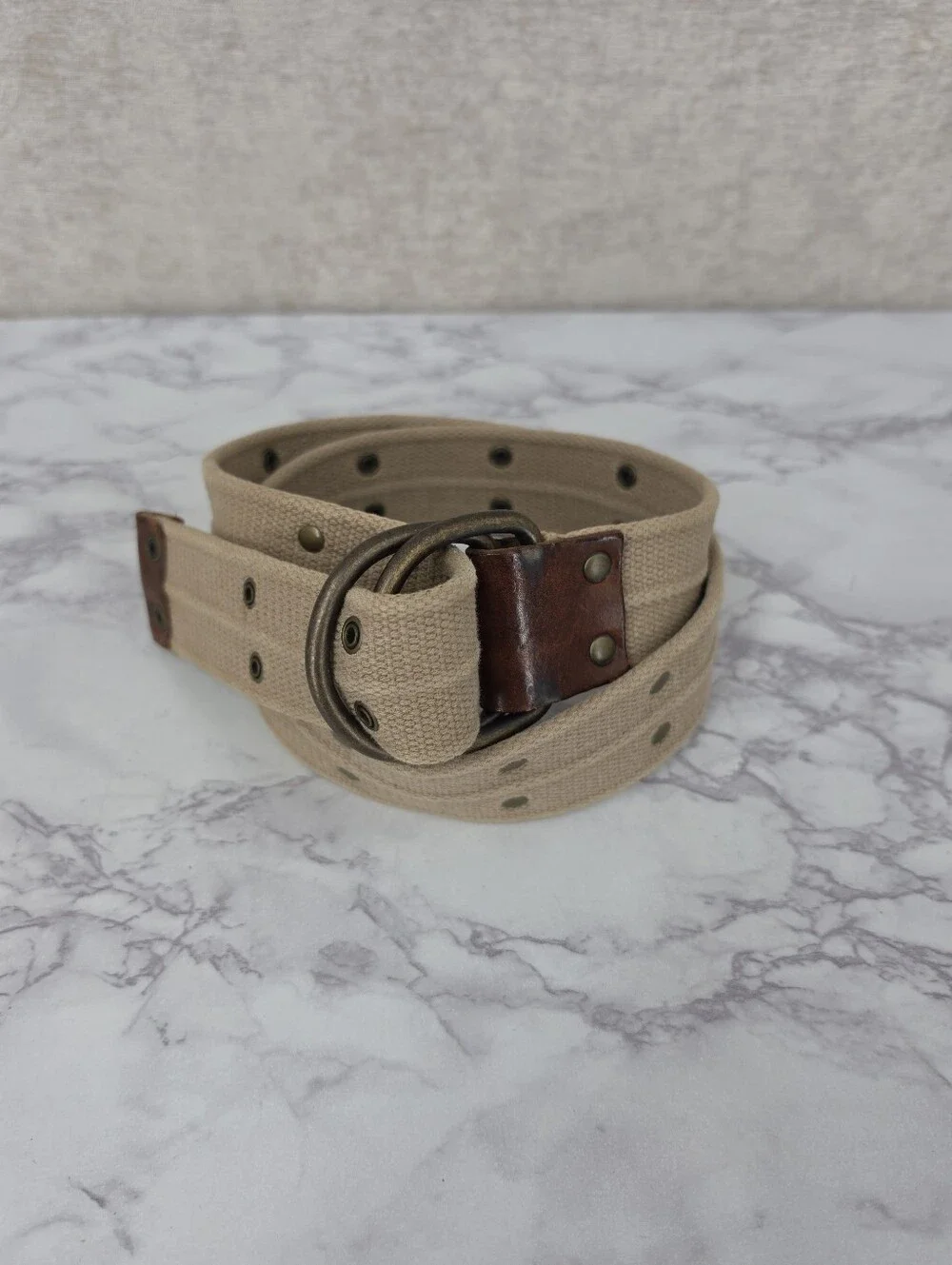Vintage Men's Tan Woven Webbing Canvas Double D-Ring Belt with Leather Contrast